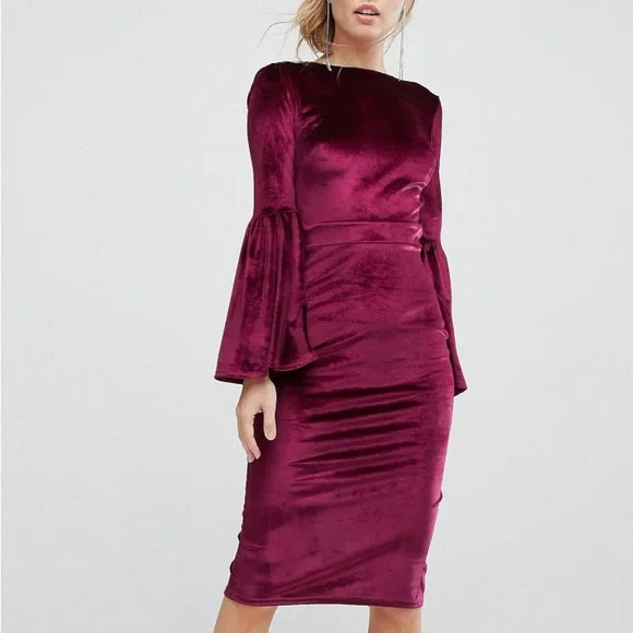 ASOS | Dresses | Asos Violet Velvet Fluted Sleeve Midi Dress With Open Back  | Poshmark